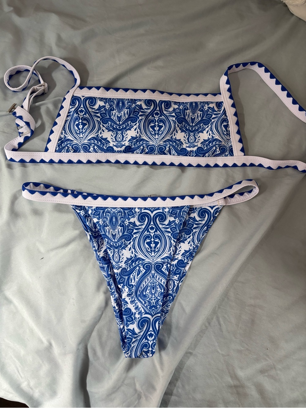Blue and White Paisley Bandeau Bikini Set